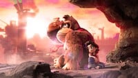 Artwork for Donkey Kong Bananza featuring Donkey Kong and Pauline watching the sunset