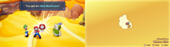 Mario getting the Ultra Mushroom from a Concordian on Dinkee Islet of Mario & Luigi: Brothership.