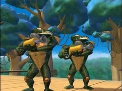 Two Kritters weilding Klap-Blasters in the Donkey Kong Country television series.