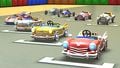 In-game view of the Red Taxi and other karts featured in the Peach Tour's Classic Car Pipe
