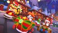 Bowser (Santa), Daisy (Holiday Cheer), Yoshi (Reindeer), and Mario (Santa) driving on the course