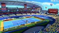 A screenshot of the Marina Stadium (Hard) Court in Mario Tennis Aces