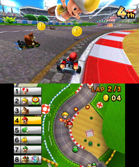 Mario drives through Toad Circuit in Mario Kart 7.