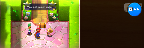Mario getting the Suitcase from Toadsworth in Peach's Castle of Mario & Luigi: Superstar Saga + Bowser's Minions.