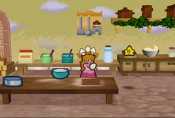 Princess Peach finding an Egg in the kitchen of her castle of Paper Mario.