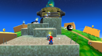 The grass side of the Chomp Saucer planet of Good Egg Galaxy in Super Mario Galaxy