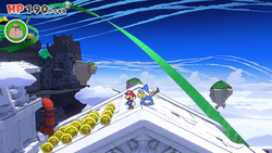 Mario standing near a group of coins in Shangri-Spa of The Origami King.