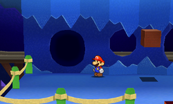 Mario near the Mine-Cart Exit scrap in Bowser's Snow Fort of Paper Mario: Sticker Star.