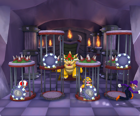 Waluigi escaping while Toad and Wario are in the cage in Cage-in Cookin' from Mario Party 5