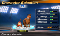 Diddy Kong's stats in the horse racing portion of Mario Sports Superstars