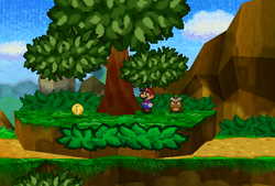 Mario finding a Coin in a tree in the middle of the fork north of the path to the northwest of Goomba Village of Paper Mario.