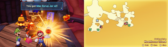 Mario being given 2 Max Syrup Jar by Princess Burnadette on Heatfreeze Island of Mario & Luigi: Brothership.