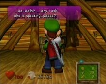 Luigi answering the phone in the Telephone Room. Note the shadow behind him apparently depicting him being hung from a noose.