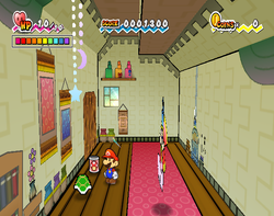 Mario finding Shell Shock and Shroom Shake in Lineland Road of Super Paper Mario.