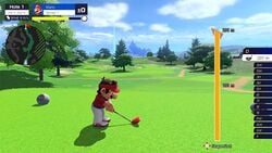 Mario playing Standard Golf in Mario Golf: Super Rush.
