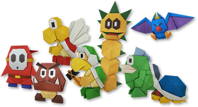Artwork of a Shy Guy, Spike, Goomba, Koopa, Hammer Bro, Swoop, Buzzy Beetle, and a Koopa Paratroopa from Paper Mario: The Origami King