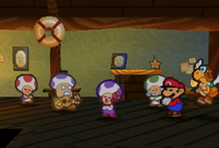 Pop Diva singing, with Master Poet, Club 64 bartender and a Toad listening in Club 64 of Paper Mario