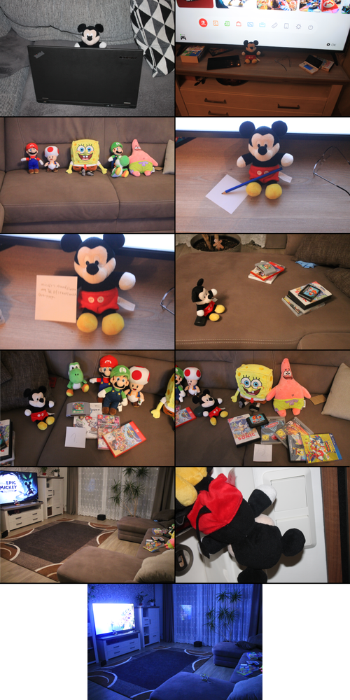 Eleven photographs are shown in comic format, arranged left to right, top to bottom. The first shows Mickey Mouse behind an open laptop, viewing its screen. In the second, he has moved in front of a television, presenting to an audience (shown sitting on a couch in panel three) of Mario, Toad, Spongebob, Yoshi, Luigi, and Patrick. In the fourth panel, Mickey has a pencil and is writing a note. In the fifth, Mickey holds up the note, which reads: "Mickey's Awards of 2025. M1. The Best Kart Racer". The sixth shows Mickey approaching two stacks of games, one stack containing Mario titles and the other an assortment of titles. The seventh shows Mickey awarding first place in front of Mario, Luigi, Toad, and Yoshi, with copies of Mario 64 for Nintendo 64, Mario Kart Wii for the Wii, Mario Kart 8 Deluxe for the Switch, and Mario Kart World for the Switch 2 in front of them. The eighth shows Mickey awarding second place in front of Spongebob, Patrick, and a collection of games which include Sonic the Hedgehog for the Master System, Sonic 2 for the Mega drive, Cars 2 for the PS3, Ducktales Remastered for the PS3, Sonic Mania for the PS4, and an obscured DVD of The SpongeBob SquarePants Movie. The ninth shows a widened shot of Mickey back in front of the television (now showing Epic Mickey Rebrushed's titlescreen) and the games and audience on the couch. In the tenth, Mickey flips a light switch. In the eleventh, the same wide shot from the ninth is seen again, but now dark, with only the television's glow as illumination