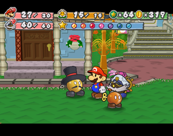 Mario getting back his Coins from Goldbob in Poshley Heights of Paper Mario: The Thousand-Year Door.