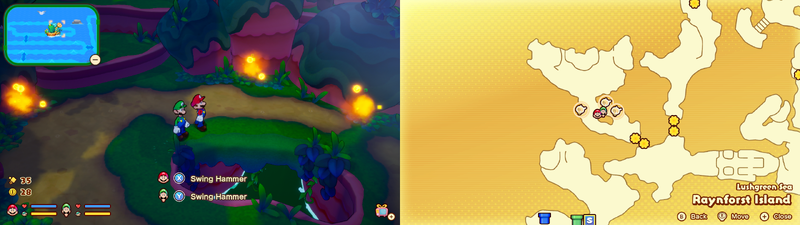 Mario and Luigi near 3 Sprite Bulb Nests on Raynforst Island of Mario & Luigi: Brothership.
