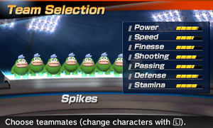 Spike's stats in the soccer portion of Mario Sports Superstars