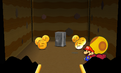 Mario near the Square Can Thing surrounded by 6 Five Coins in Stump Glade of Paper Mario: Sticker Star.