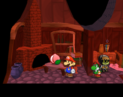 Mario near a Peachy Peach in Twilight Town of Paper Mario: The Thousand-Year Door.