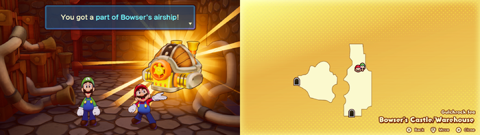 Mario holding the Part of Bowser's Airship on Wayaway Island of Mario & Luigi: Brothership.
