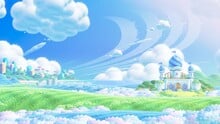 Background artwork of a plains with a blue castle, in Super Mario Bros. Wonder