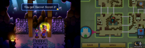 Mario getting the Secret Scroll 2 from inside a rock in Beanbean Fields of Mario & Luigi: Superstar Saga + Bowser's Minions.