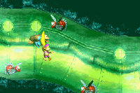 Dixie Kong and Kiddy Kong jumping between some red Buzzes in Low-G Labyrinth in the Game Boy Advance version
