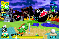 Yoshi with Chain Chomps on Hole 10 of the Mushroom Course from Mario Golf: Advance Tour
