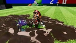 Mario hurt by goop from the Goop Racket in Mario Tennis Fever