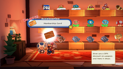 Mario being given the Membership Card by the item shop shopkeepr in Toad Town of The Origami King.