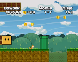 Screenshot of Bowser at a hidden ? Block location in World 1, in Paper Mario: The Thousand-Year Door.