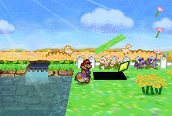 Mario finding a Star Piece under a hidden panel near the spring in Flower Fields in Paper Mario