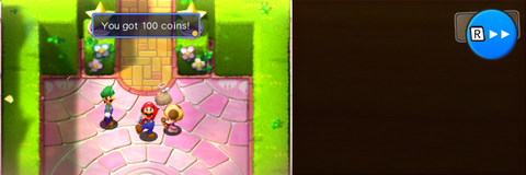 Mario getting a coin bag with 100 Coins from Toadsworth in Peach's Castle of Mario & Luigi: Superstar Saga + Bowser's Minions.