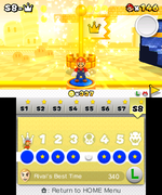 Completed level select screen with a star on all worlds, and icon of gold flag with stage cleared by both Mario and Luigi