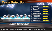 Bone Goomba's stats in the soccer portion of Mario Sports Superstars