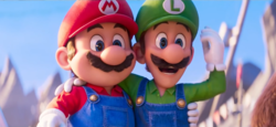 Mario and Luigi posing together upon being hailed as heroes by the residents of Brooklyn and their new friends from the Mushroom Kingdom after their defeat of Bowser and the Koopa Troop.
