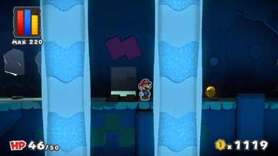 Mario near 3 Coins in Indigo Underground of Paper Mario: Color Splash.
