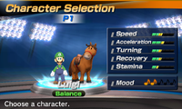 Luigi's stats in the horse racing portion of Mario Sports Superstars