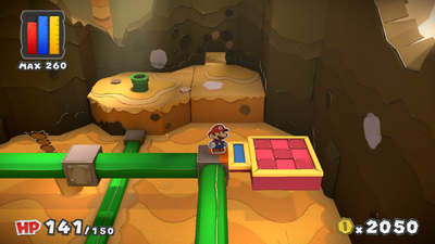 Mario in front of the revealed platform in Mustard Café of Paper Mario: Color Splash.