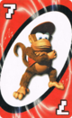 The Red Seven card from the Nintendo UNO deck (featuring Diddy Kong)