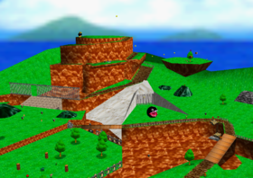 Screenshot of Bob-omb Battlefield from Super Mario 64.