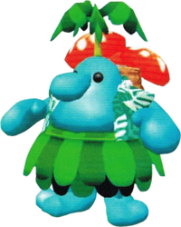 Artwork of a male light blue Mushroom dealer Pianta in Super Mario Sunshine.