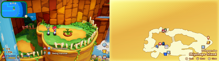 Mario and Luigi near a Golden Grampy Turnip on Shipshape Island from Mario & Luigi: Brothership.