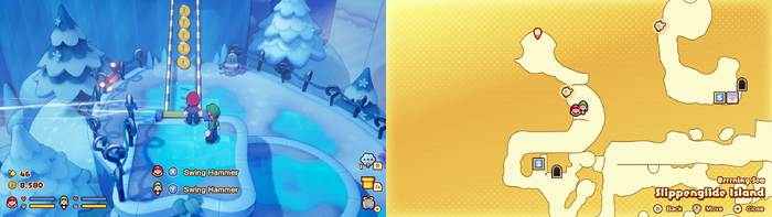 Mario and Luigi near 5 Coins on Slippenglide Island of Mario & Luigi: Brothership.