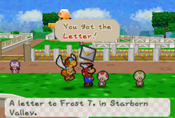 Mario receiveing the second letter from Dane T. in Toad Town of Paper Mario.