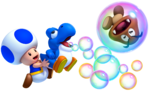 Artwork of Blue Toad with a Bubble Baby Yoshi blowing out bubbles in New Super Mario Bros. U